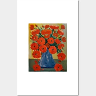 vintage look painting of poppies in A blue vase. Posters and Art